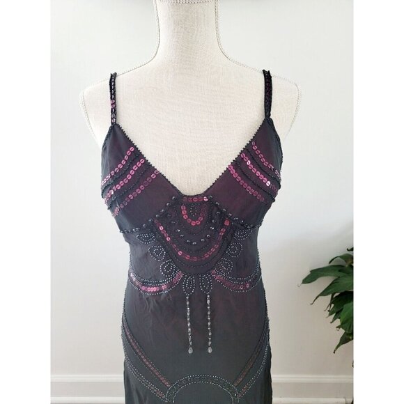 Sue Wong Vintage Black Pink Beaded Sequin Y2K 90s Silk Flapper V-Neck Dress 12 M - Picture 2 of 13